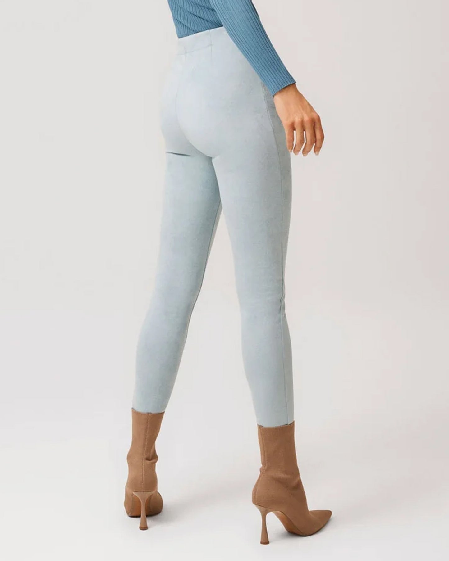 Ysabel Mora 70297 Faux Suede Leggings - Light pastel blue plush velour suede effect high waisted trouser leggings, worn with tan heeled ankle boots.