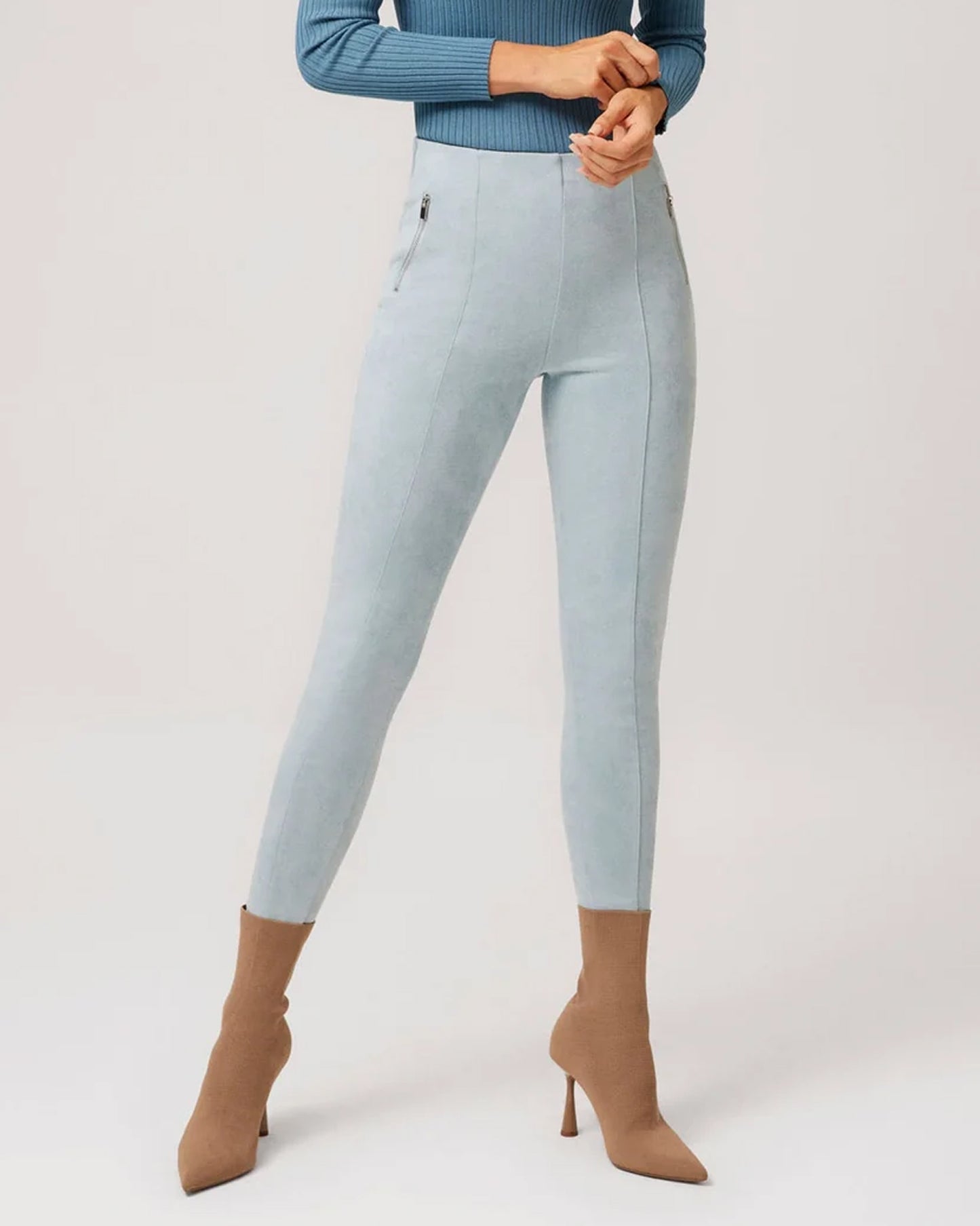 Ysabel Mora 70297 Faux Suede Leggings - Pale blue soft and plush faux suede high waisted trouser leggings (treggings) with raised seam down the front and zipper details on the sides.