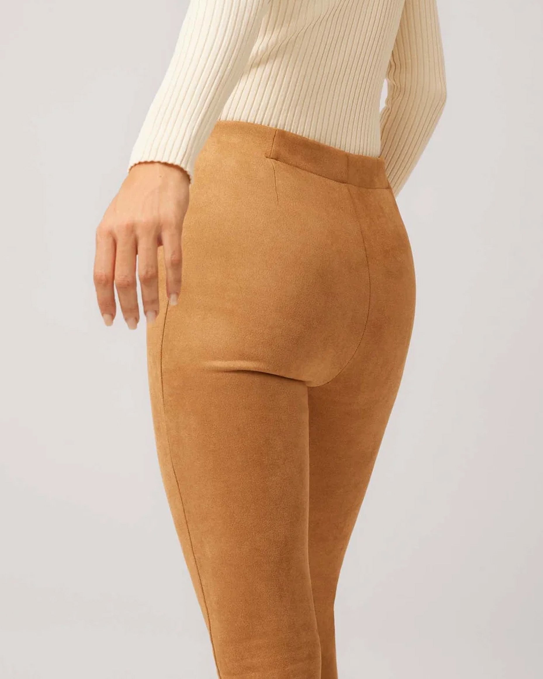 Ysabel Mora 70297 Faux Suede Leggings - Camel / tan plush velour suede effect high waisted trouser leggings, worn with cream top.
