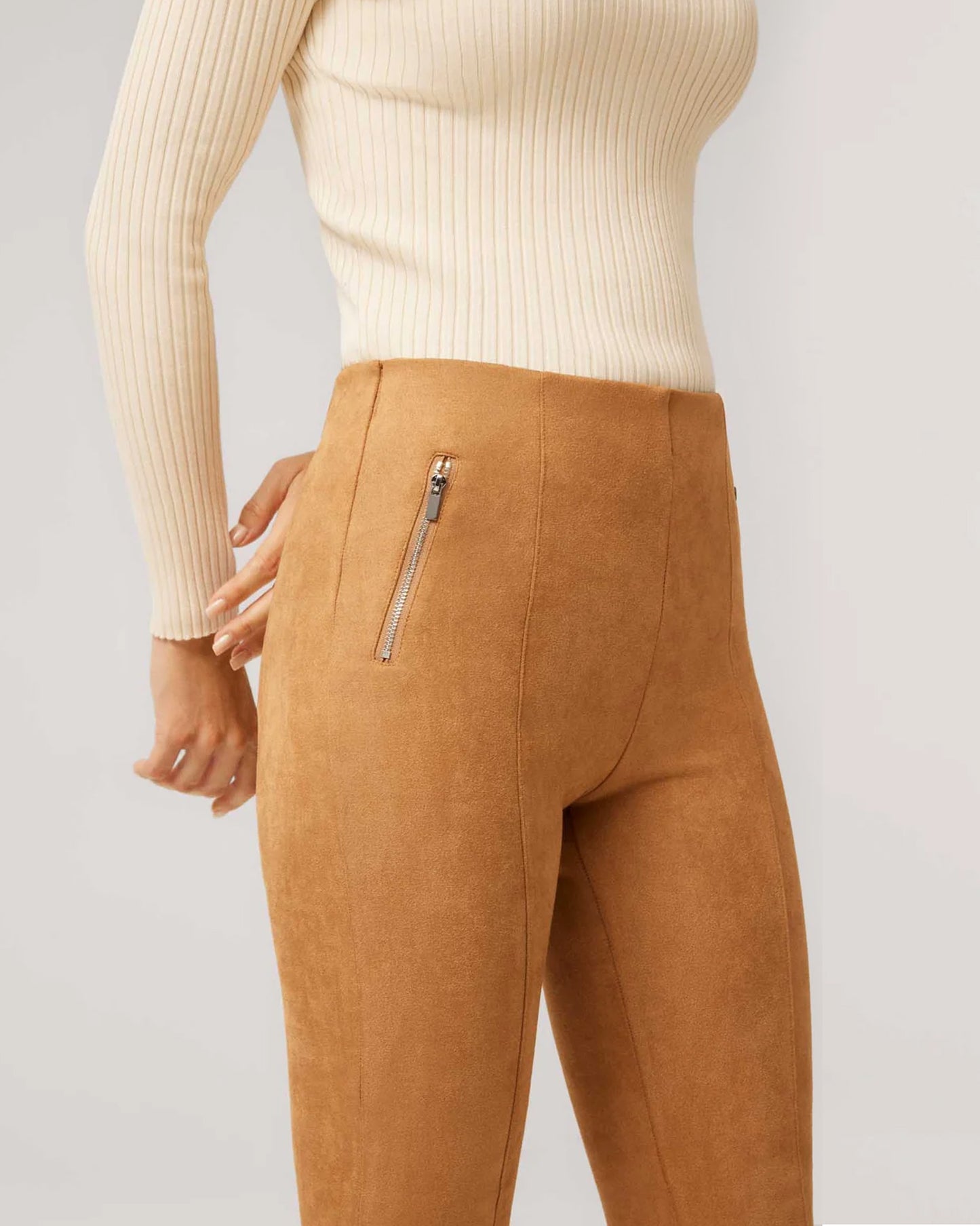 Ysabel Mora 70297 Faux Suede Leggings - Camel / tan velvet suede effect high waisted trouser leggings (treggings) with raised seam down the front and zipper details on the sides.
