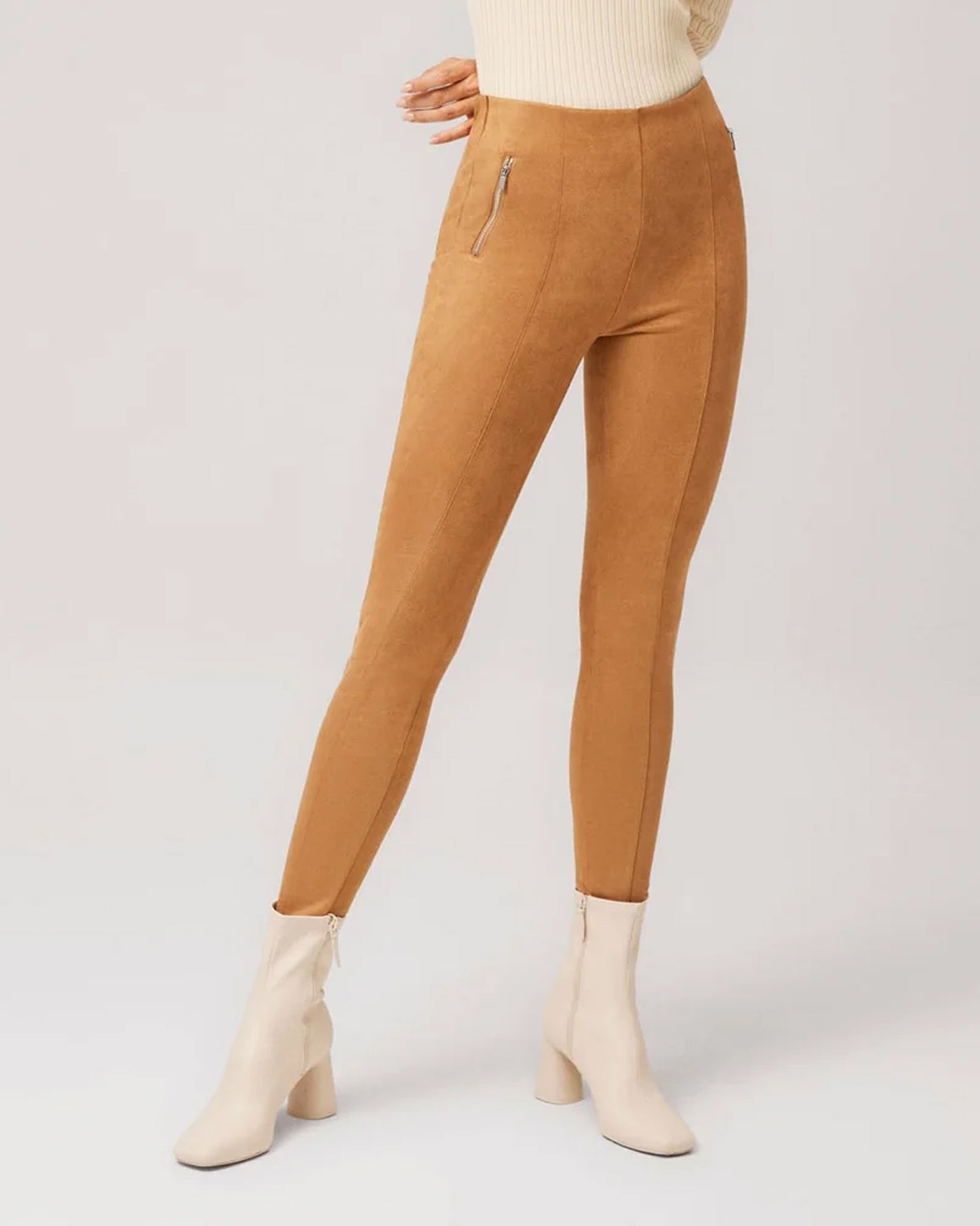 Ysabel Mora 70297 Faux Suede Leggings - Camel / tan coloured soft and plush faux suede high waisted trouser leggings (treggings) with raised seam down the front and zipper details on the sides.