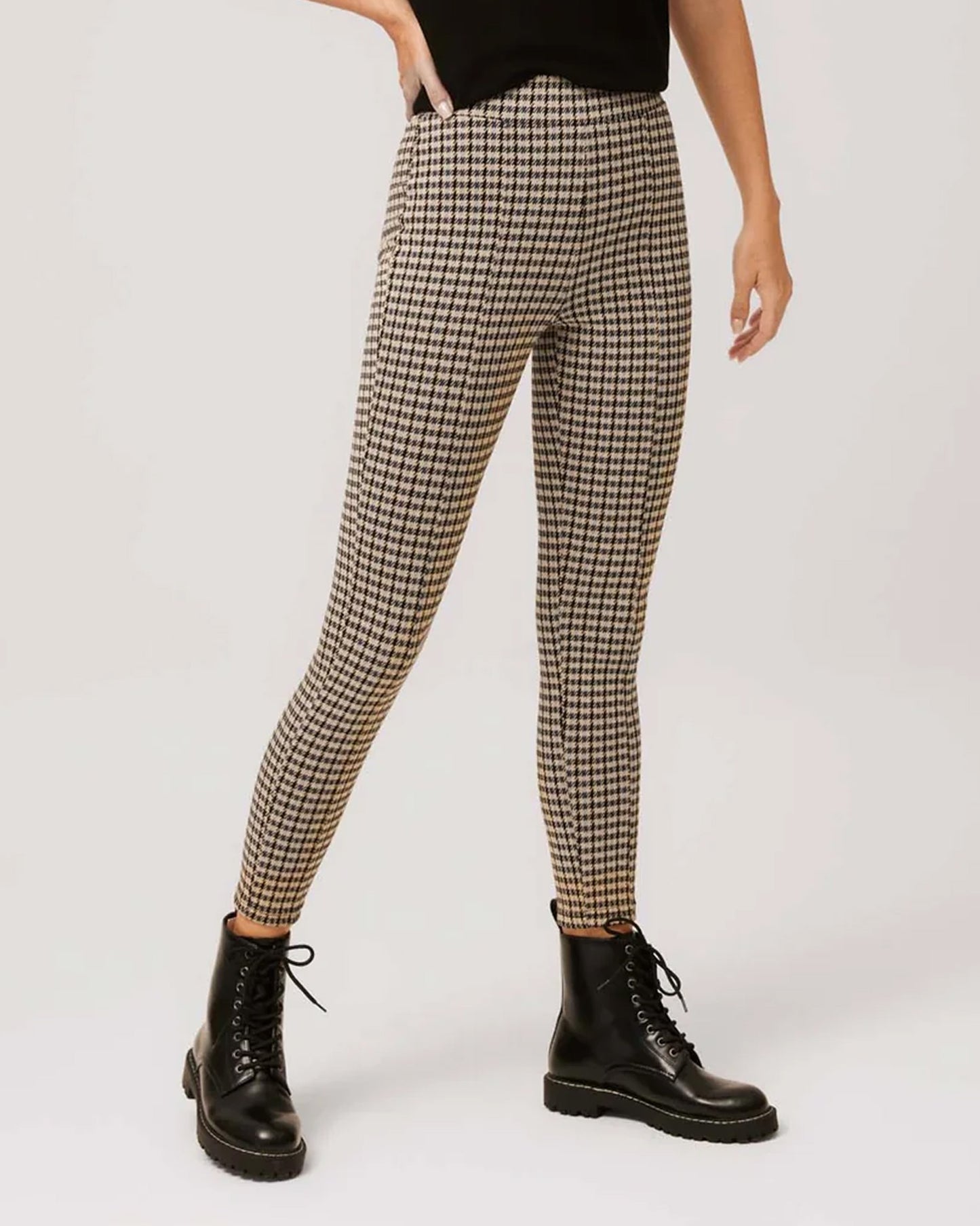 Ysabel Mora 70299 Check Leggings - High waisted light beige trouser leggings (treggings) with a black and blue houndstooth style check and raised seam up the centre of the legs.