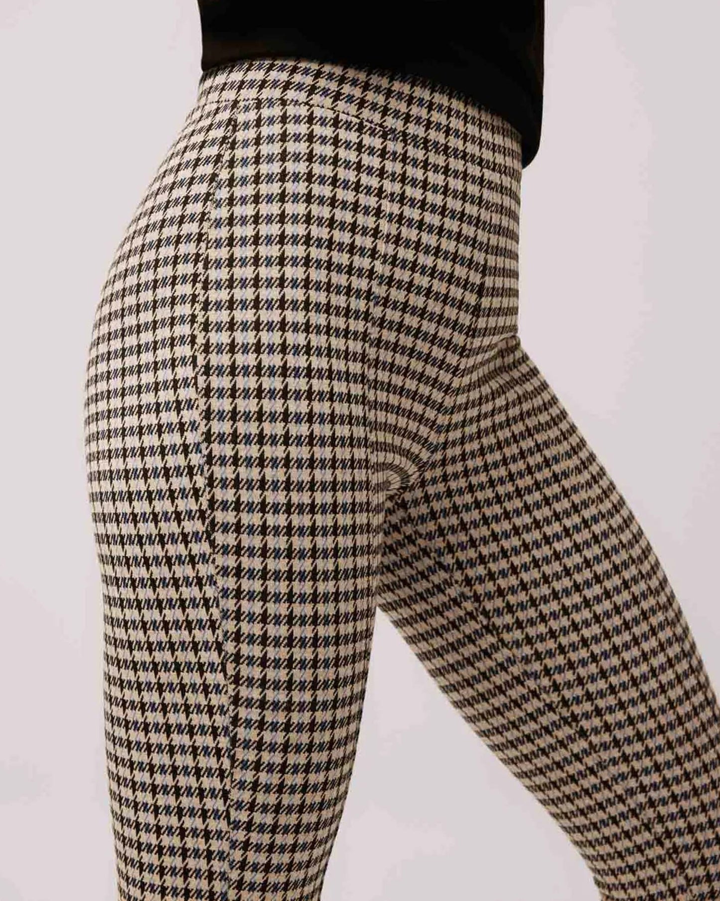 Ysabel Mora 70299 Check Treggings - High waisted light beige trouser leggings with a black and blue houndstooth gingham style check