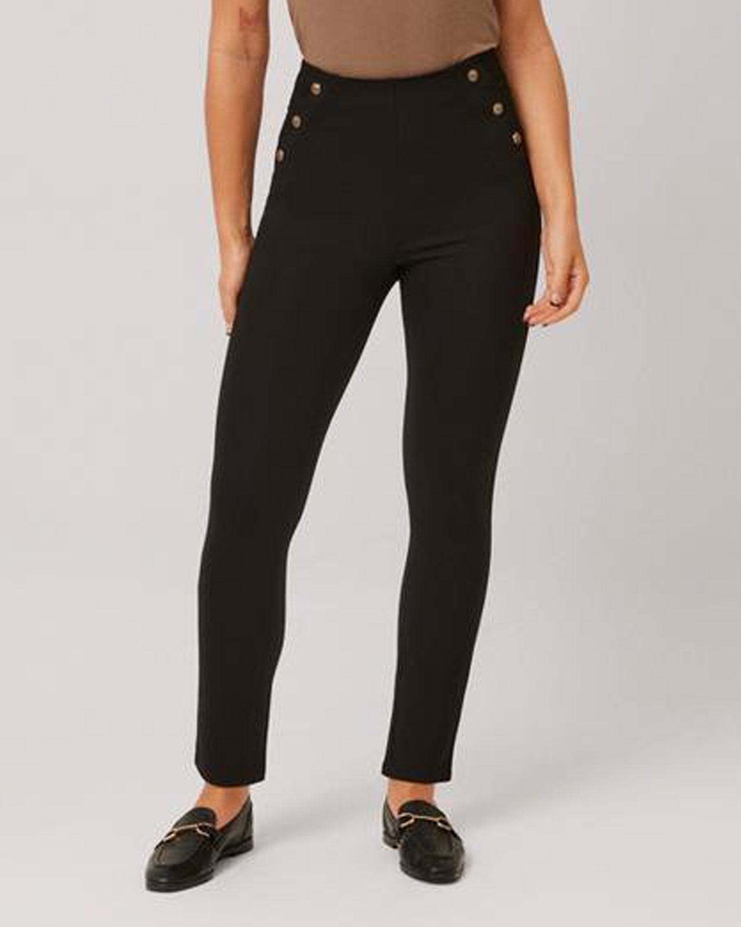 Ysabel Mora 70404 High Rise Button Leggings - Black high waisted suit style trouser leggings with golden buttons on the sides.