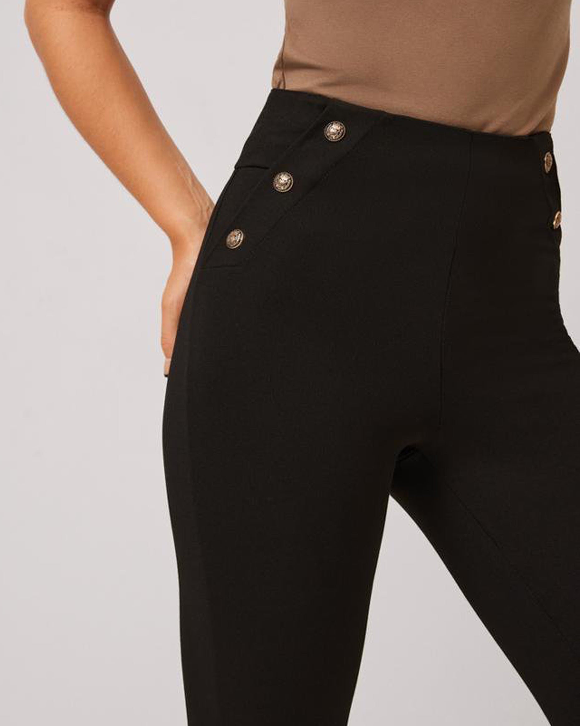 Ysabel Mora 70404 High Rise Button Leggings - Black high waisted suit style trouser leggings with golden buttons on the sides.