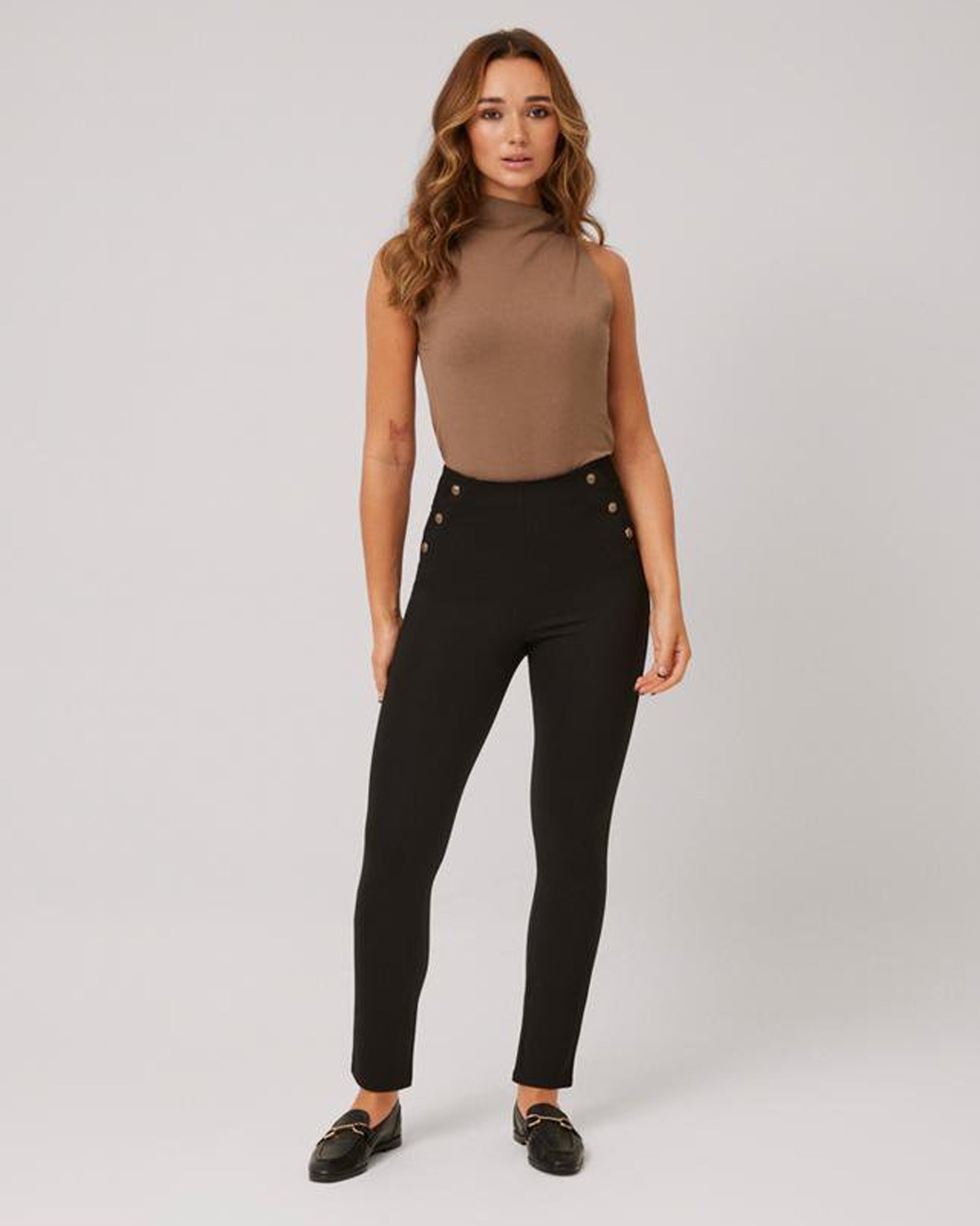 Ysabel Mora 70404 High Rise Button Leggings - Black high waisted suit style trouser leggings with golden buttons on the sides.