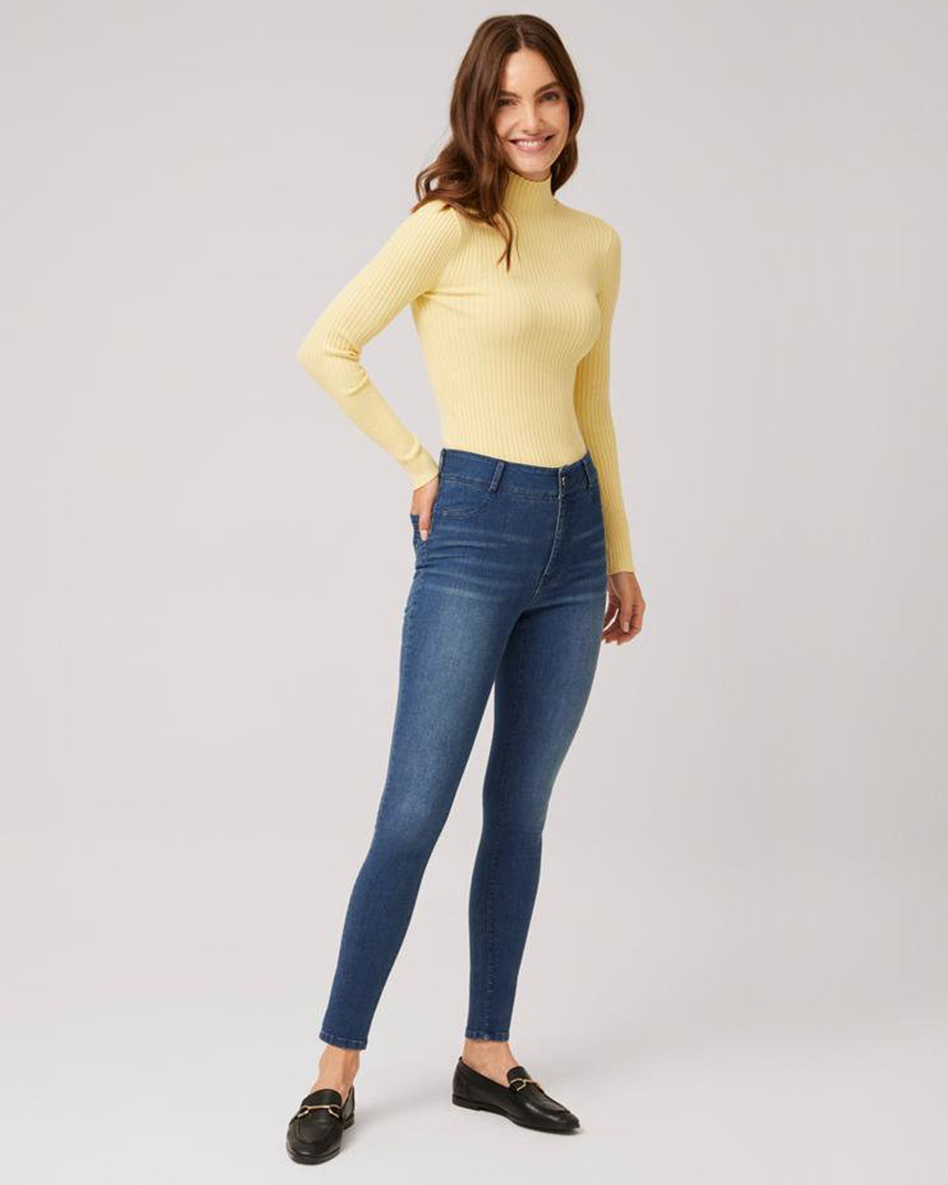 Ysabel Mora 70407 Denim Jeggings - Dark denim stretch jean leggings with faded worn effect, back pockets, belt loops, button and fly zip closures faux front pockets and fly top stitching.