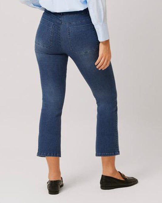 Ysabel Mora 70411 Cropped Flare Jeggings - Dark denim blue stretch high rise leggings with a flared boot leg, back pockets and belt loops.