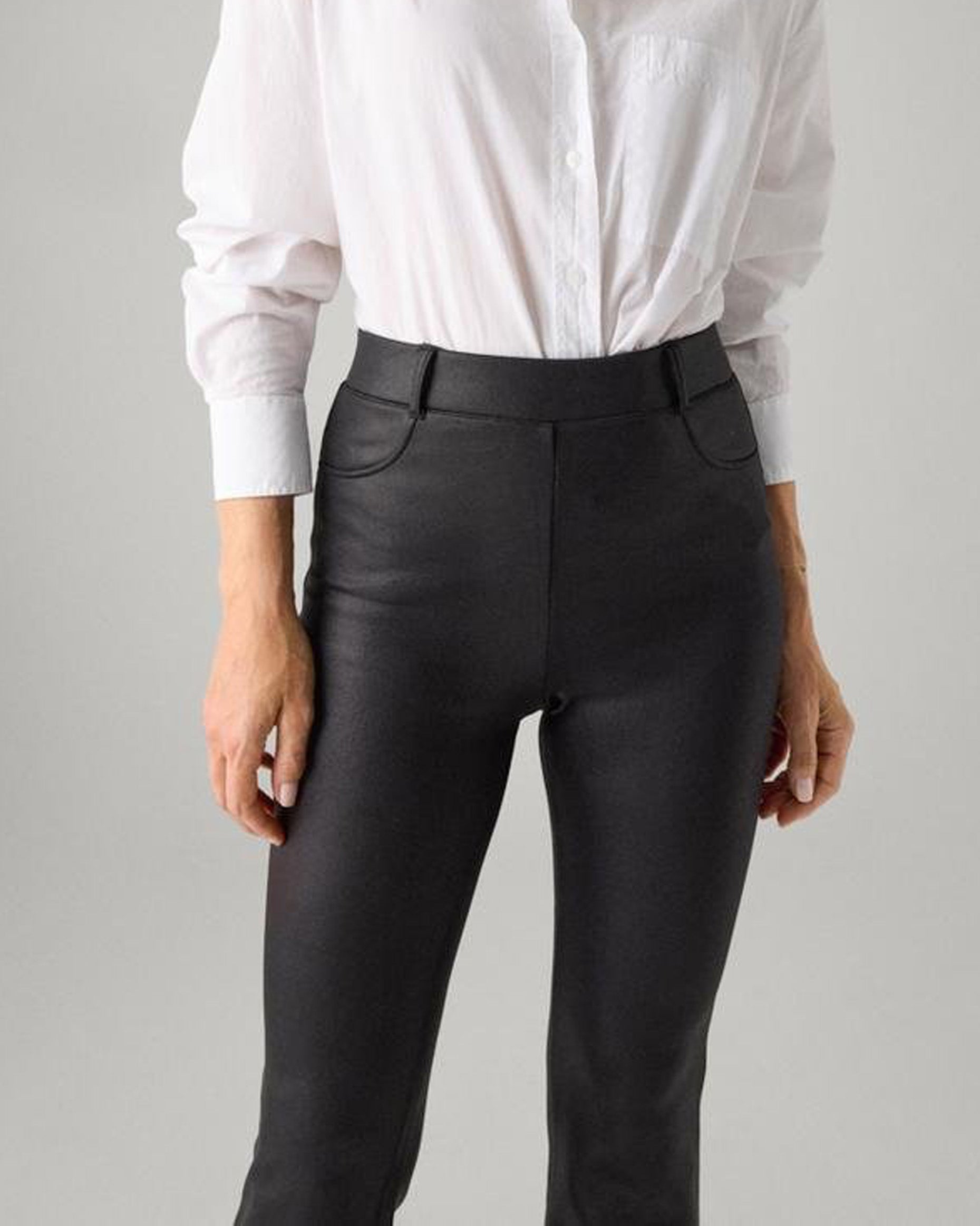 Ysabel Mora 70416 Flared Waxed Thermal Leggings - Black high waisted thermal flared/bootcut trouser leggings with waxed effect print, warm plush fleece lining, belt loops and faux front pocket stitching. Detail