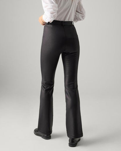Ysabel Mora 70416 Flared Waxed Thermal Leggings - Black high waisted thermal flared/bootcut trouser leggings with waxed effect print, warm plush fleece lining, belt loops and faux front pocket stitching. Back view.