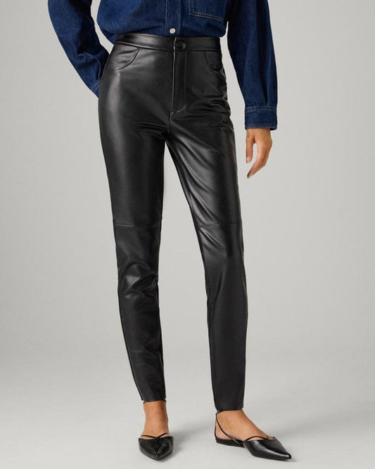 Ysabel Mora 70420 Faux Leather Pants - Black faux leather thermal relaxed fit trouser leggings with fly and button closure, faux front pocket stitching, tapered leg and soft, warm plush fleece lining.