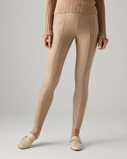 Ysabel Mora 7032 Faux Suede Leggings - Faux suede effect jodhpur style trousers leggings in a light beige shade, with silver zipped faux front pockets, front raised seam down the front of the legs, back pockets and tapered legs. 