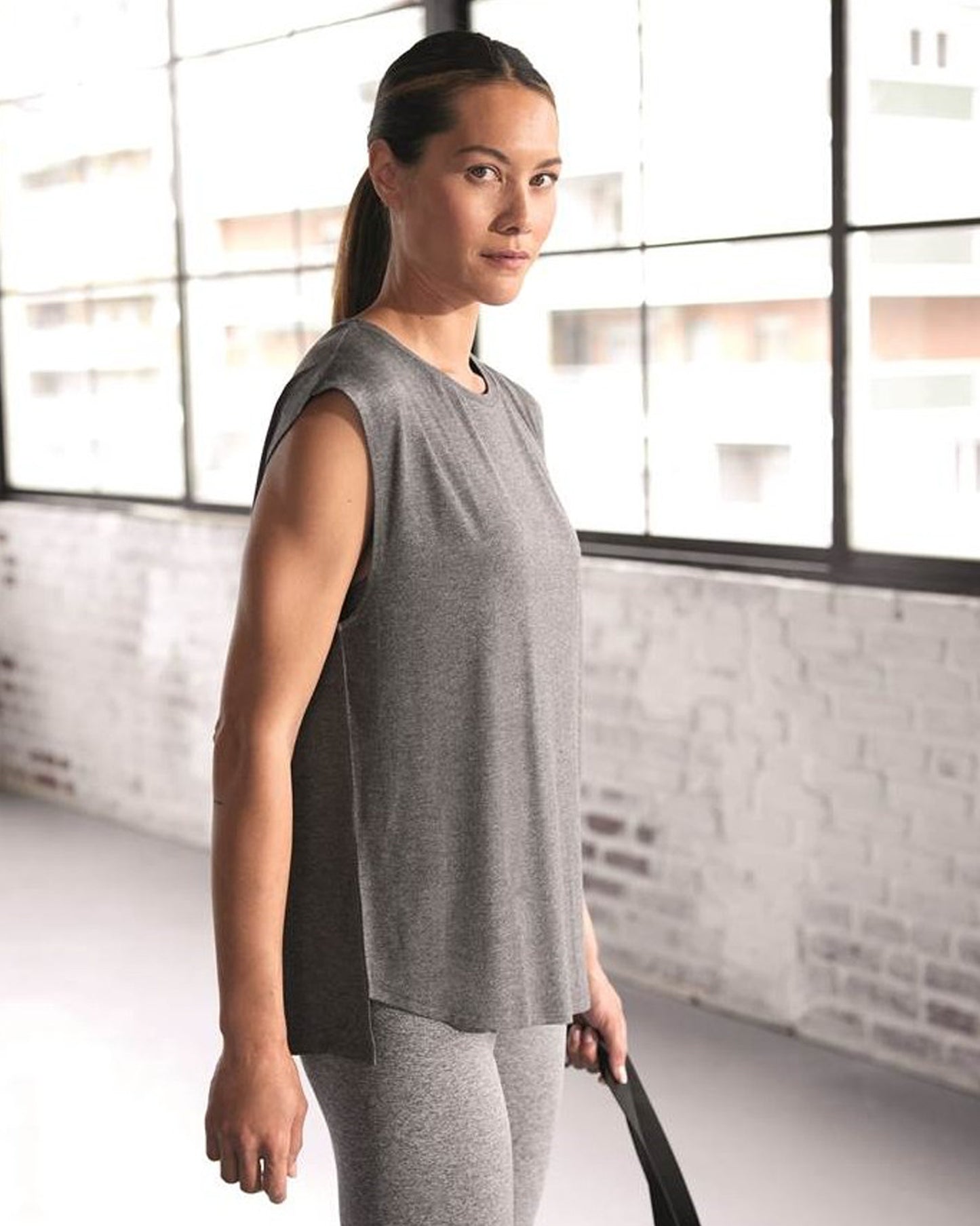 Ysabel Mora 70805 Sports Shirt - Light and airy grey fleck sleeveless sports t-shirt top made of breathable elasticated fabric allowing total freedom of movement.
