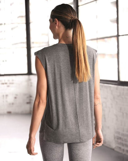 Ysabel Mora 70805 Sports Shirt - Light and airy grey fleck sleeveless sports t-shirt top made of breathable elasticated fabric allowing total freedom of movement. Back view.