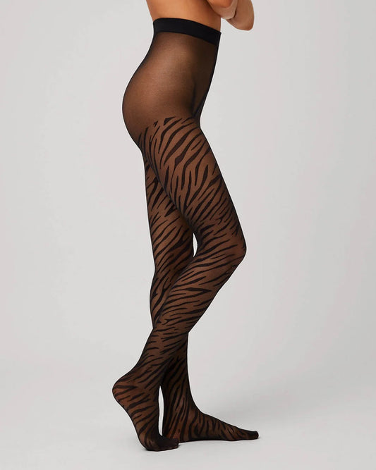 Ysabel Mora 16608 Animal Print Tights -Sheer black self pattern fashion tights with an all over zebra print pattern, plain top, flat seams, gusset and deep comfort waist band.
