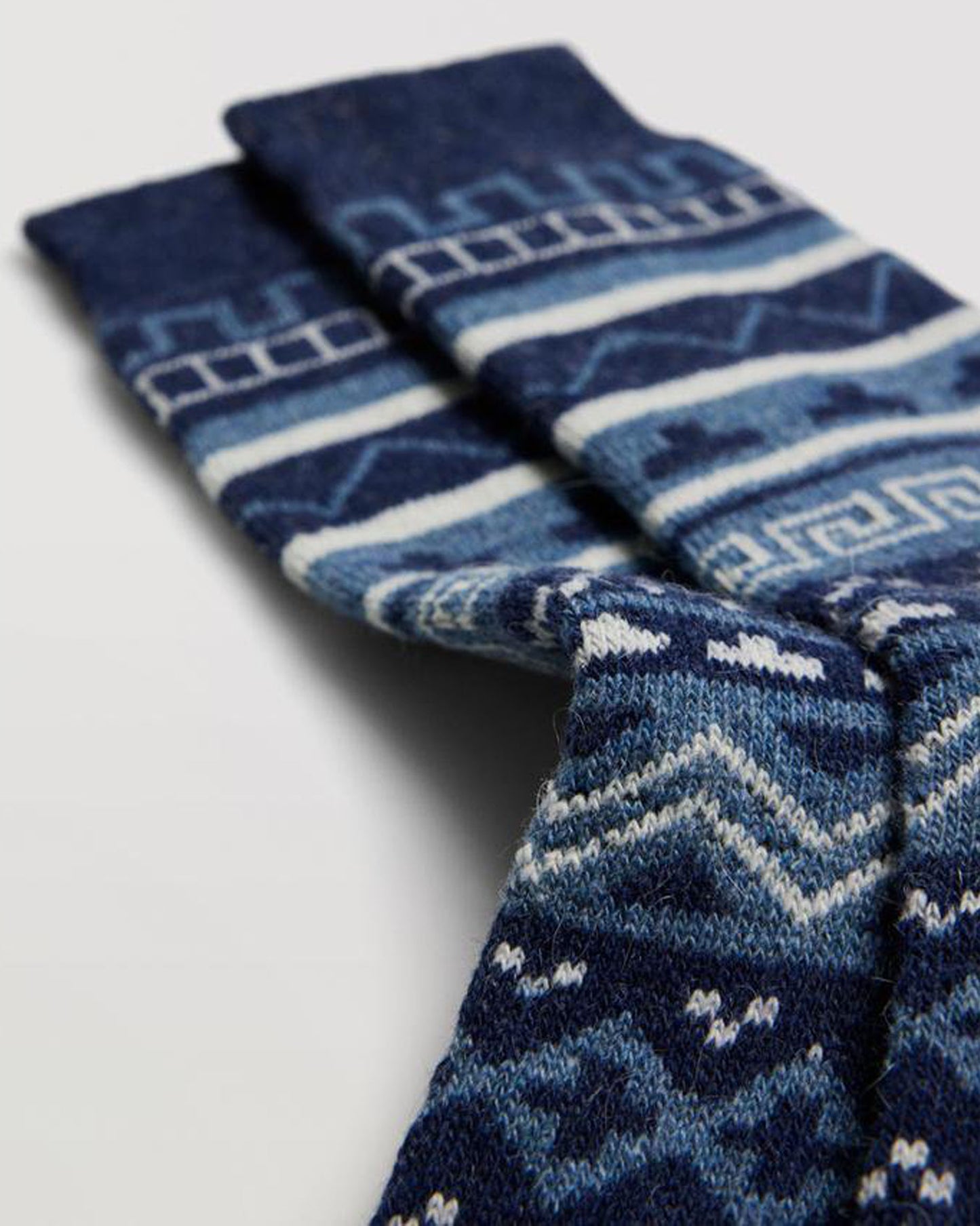 Ysabel Mora 12888 Aztec Socks - Close up detail of a dark navy blue warm wool and angora mix thermal socks with an Aztec style pattern in shades of light and pale blue.