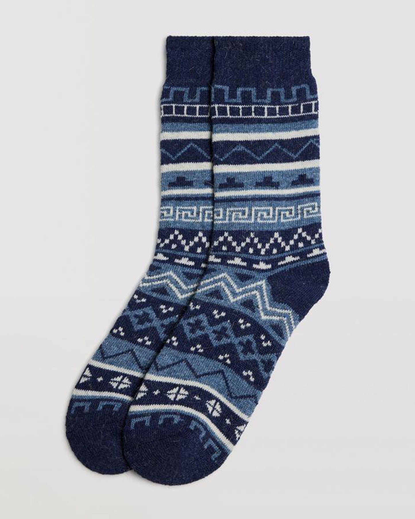 Ysabel Mora 12888 Aztec Socks - Navy blue warm wool and angora mix thermal socks with an Aztec style pattern in shades of pale and light blue.