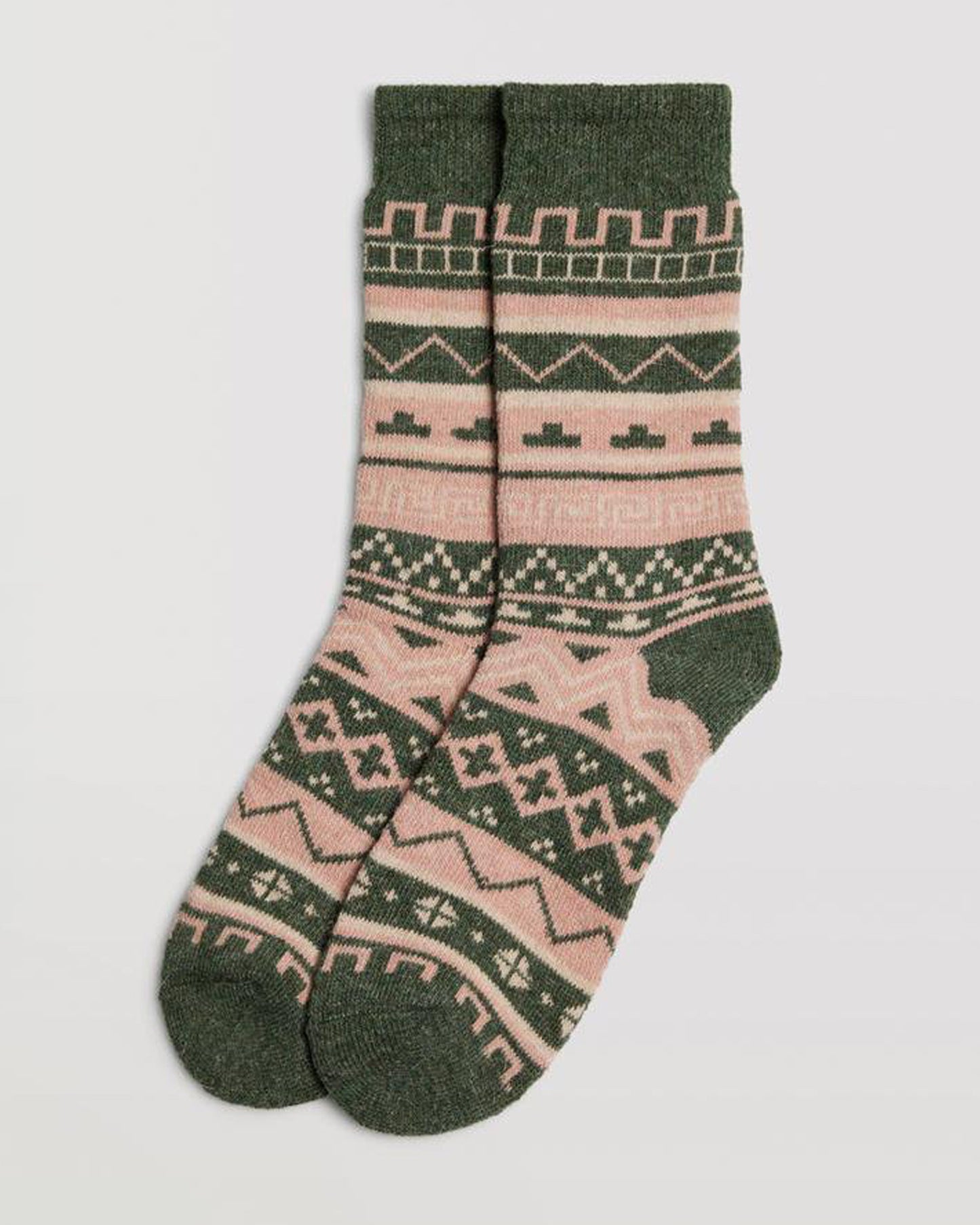 Ysabel Mora 12888 Aztec Socks - Sage green warm wool and angora mix thermal socks with an Aztec style pattern in shades of pale peach.