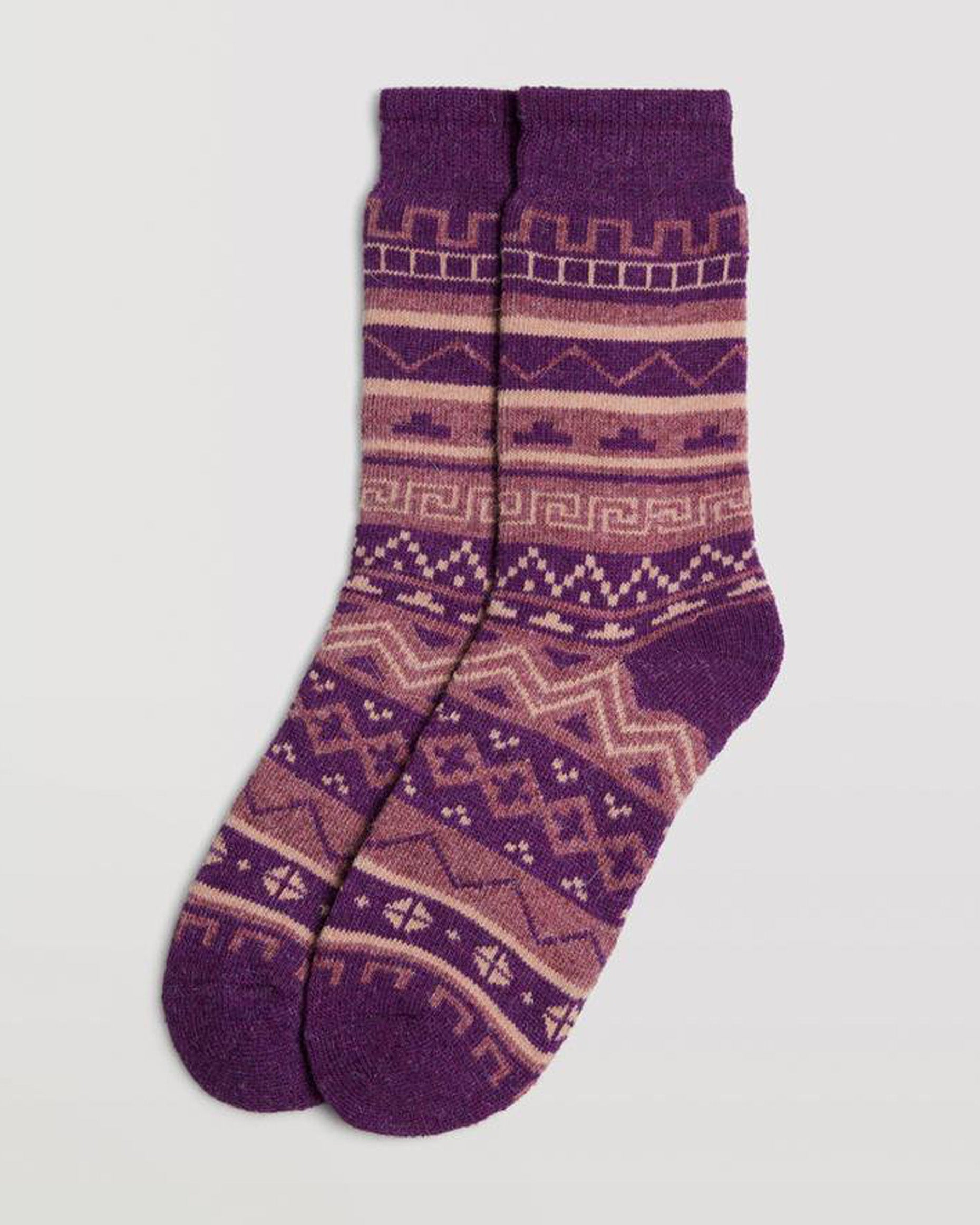 Ysabel Mora 12888 Aztec Socks - Purple warm wool and angora mix thermal socks with an Aztec style pattern in shades of pale pink.