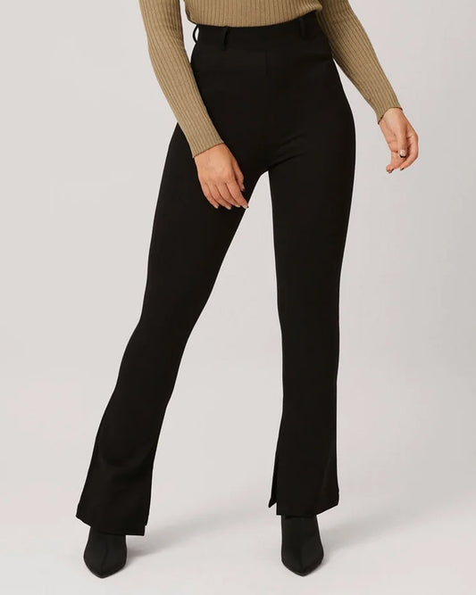 Ysabel Mora 70292 Flare Treggings - Black high waisted boot cut trouser leggings (treggings) with belt loops and inside slits at the bottom.