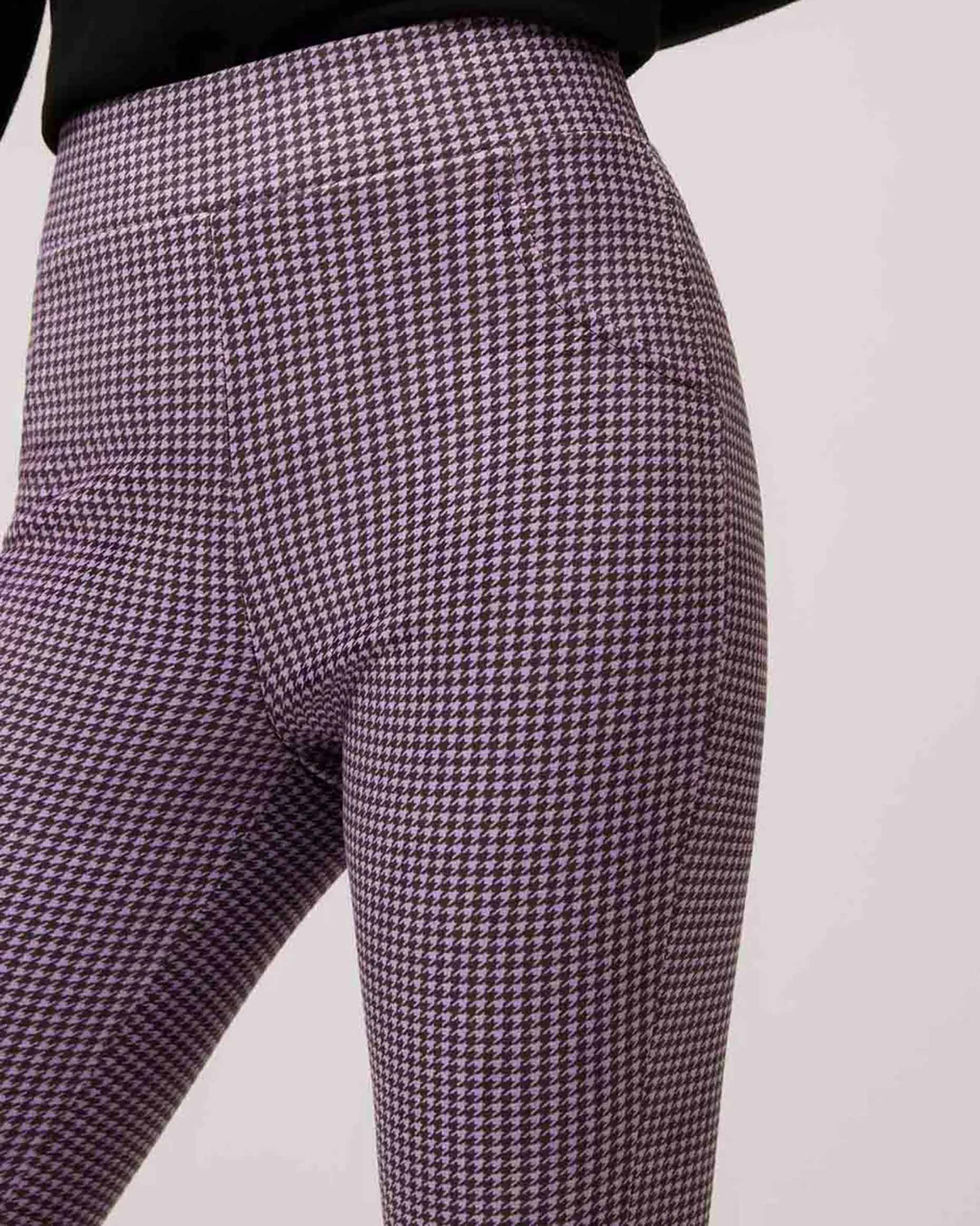 Ysabel Mora 70402 Houndstooth Leggings - High waisted purple trouser leggings detail with faux front pockets.