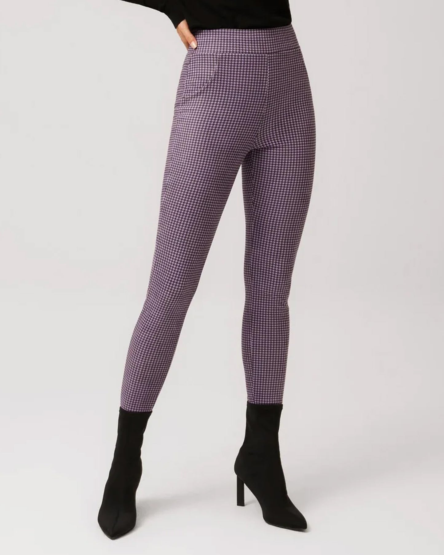 Ysabel Mora 70402 Houndstooth Leggings - High waisted purple trouser leggings (treggings) with a black micro houndstooth style pattern and faux front pockets.