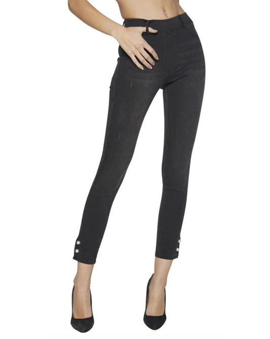 Ysabel Mora 70246 Black Jeggings - Mid rise denim leggings with a side slit opening cuff, pearl pin closer with silver stud end, rear pockets, belt loops and faux front pocket and fly stitching.