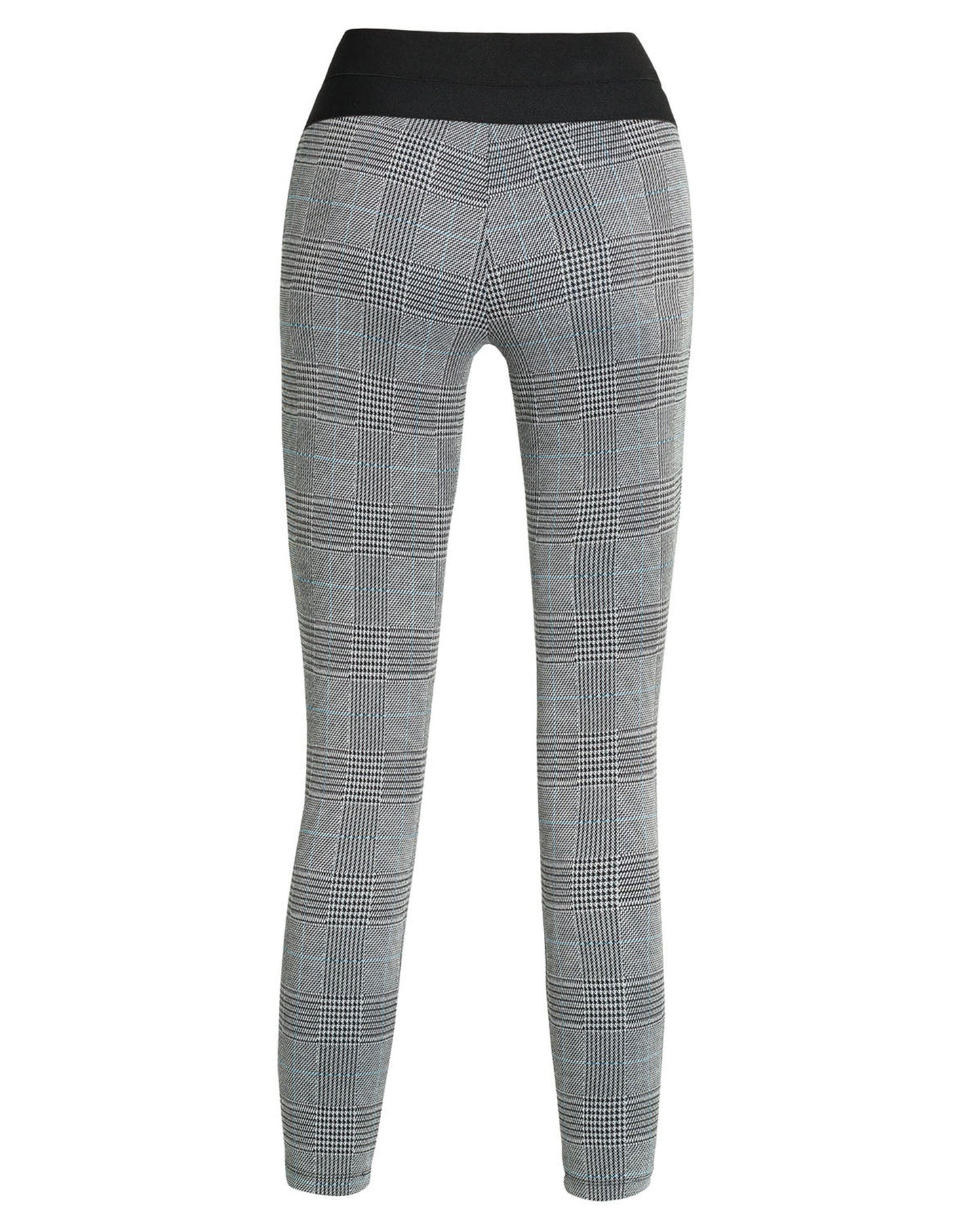 Ysabel Mora 70278 Leggings - High waisted black and white (grey) Prince of Wales tartan trouser leggings (treggings) with a thin stripe of light blue, black faux button closures and deep elasticated slimming waist band.