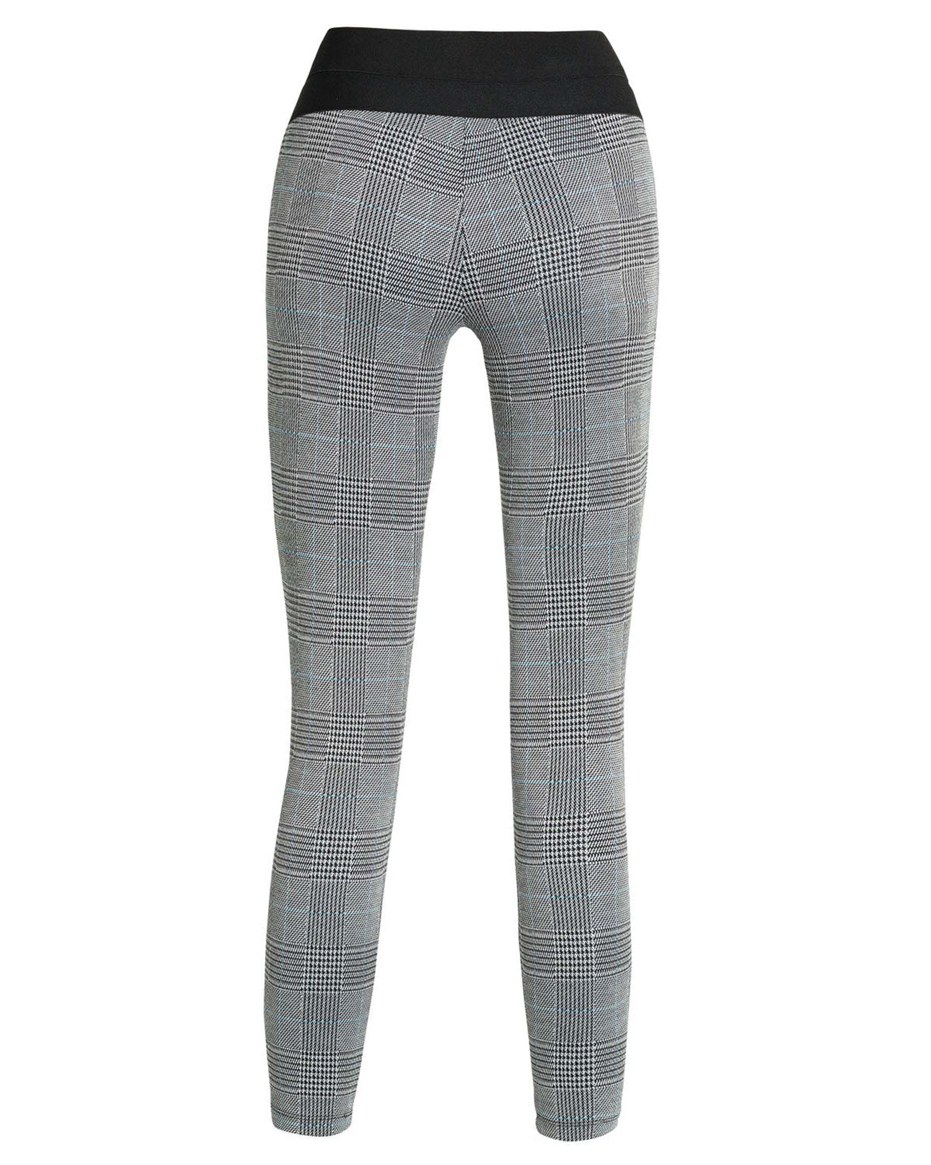 Ysabel Mora 70278 Leggings - High waisted black and white (grey) Prince of Wales tartan trouser leggings (treggings) with a thin stripe of light blue, black faux button closures and deep elasticated slimming waist band.