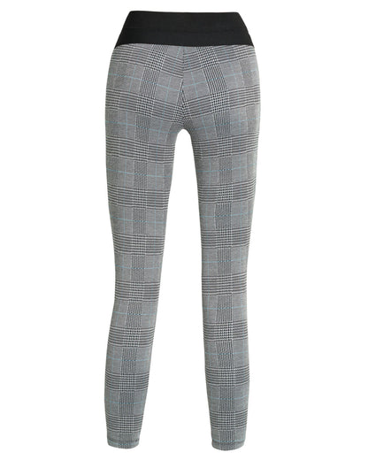 Ysabel Mora 70278 Leggings - High waisted black and white (grey) Prince of Wales tartan trouser leggings (treggings) with a thin stripe of light blue, black faux button closures and deep elasticated slimming waist band.