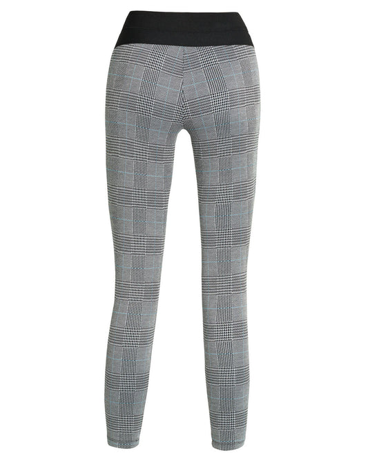 Ysabel Mora 70278 Leggings - High waisted black and white (grey) Prince of Wales tartan trouser leggings (treggings) with a thin stripe of light blue, black faux button closures and deep elasticated slimming waist band.