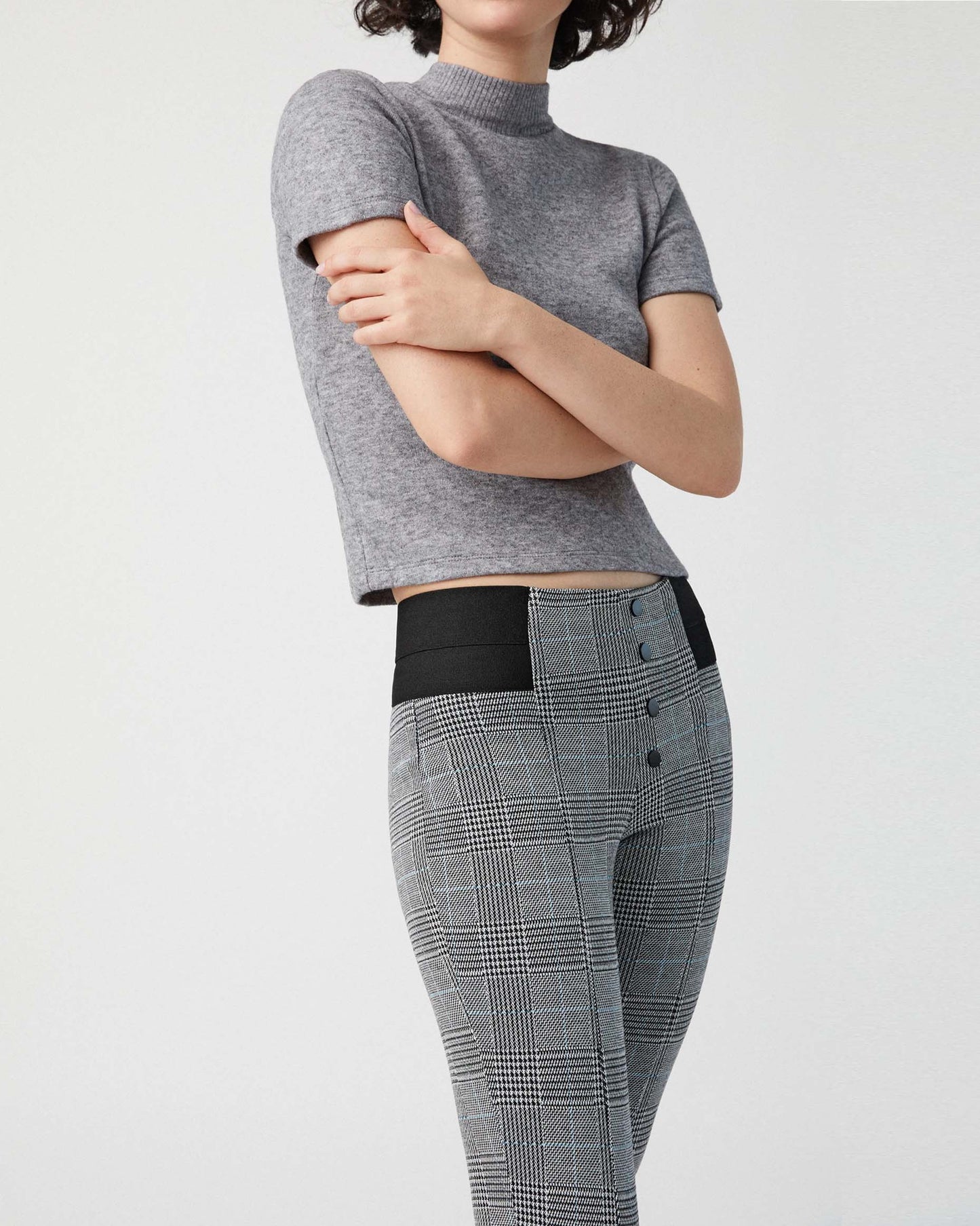 Ysabel Mora 70278 Leggings - High waisted black and white (grey) Prince of Wales tartan trouser leggings (treggings) with a thin stripe of light blue, black faux button closures and deep elasticated slimming waist band.