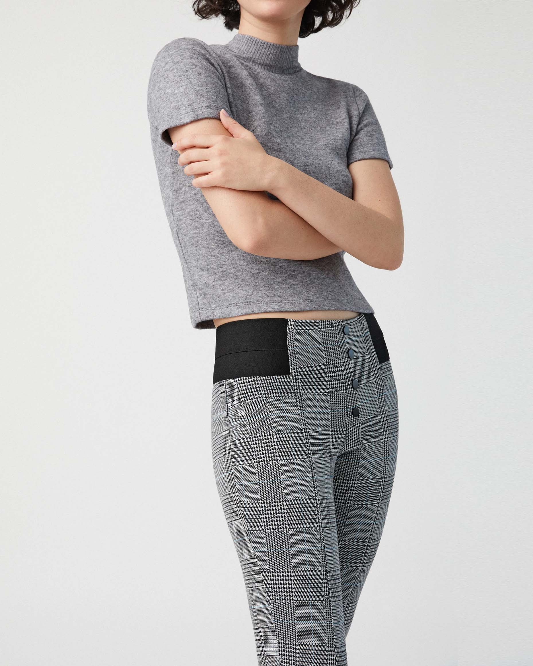 Ysabel Mora 70278 Leggings - High waisted black and white (grey) Prince of Wales tartan trouser leggings (treggings) with a thin stripe of light blue, black faux button closures and deep elasticated slimming waist band.