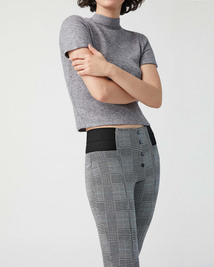 Ysabel Mora 70278 Leggings - High waisted black and white (grey) Prince of Wales tartan trouser leggings (treggings) with a thin stripe of light blue, black faux button closures and deep elasticated slimming waist band.