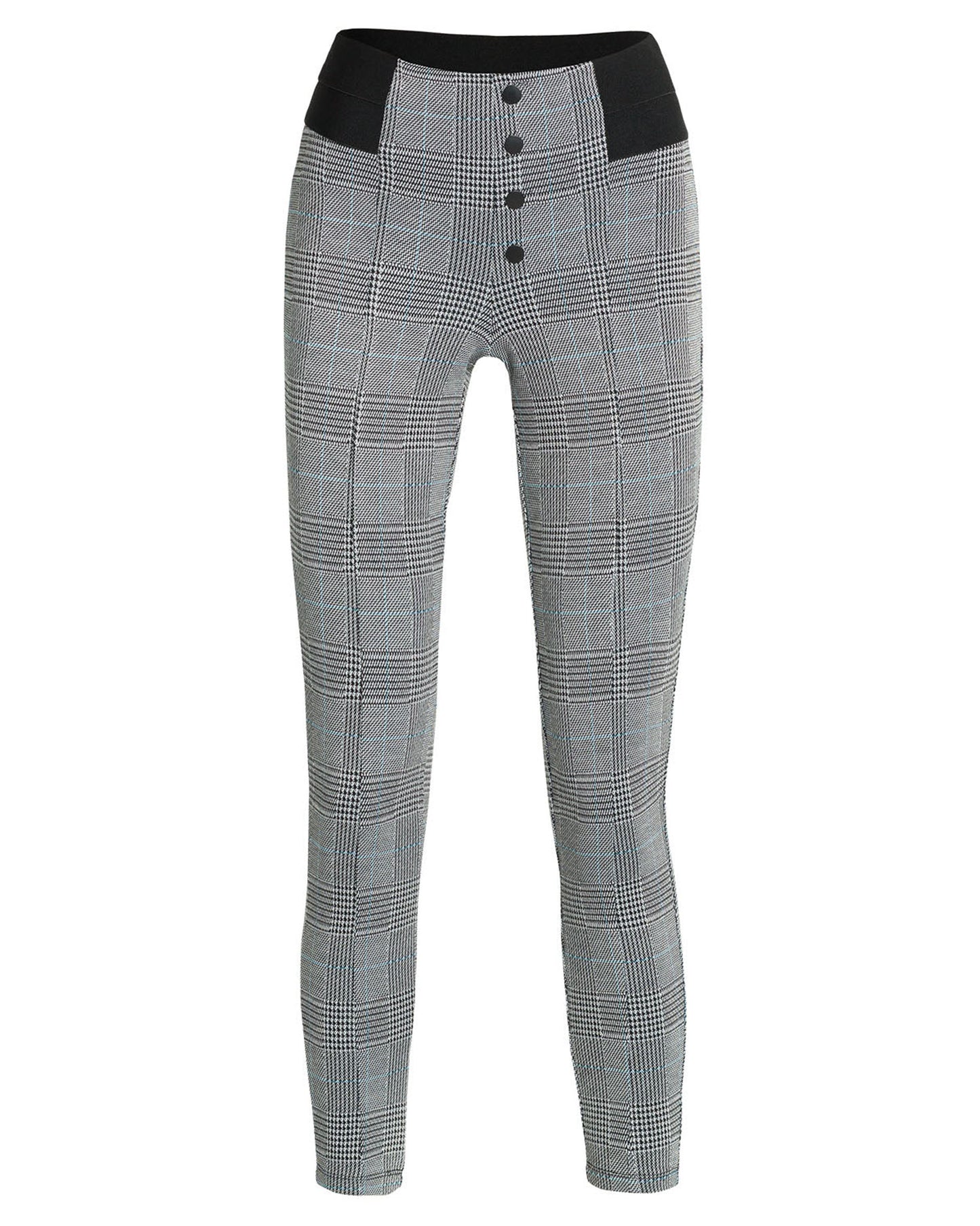 Ysabel Mora 70278 Leggings - High waisted black and white (grey) Prince of Wales tartan trouser leggings (treggings) with a thin stripe of light blue, black faux button closures and deep elasticated slimming waist band.
