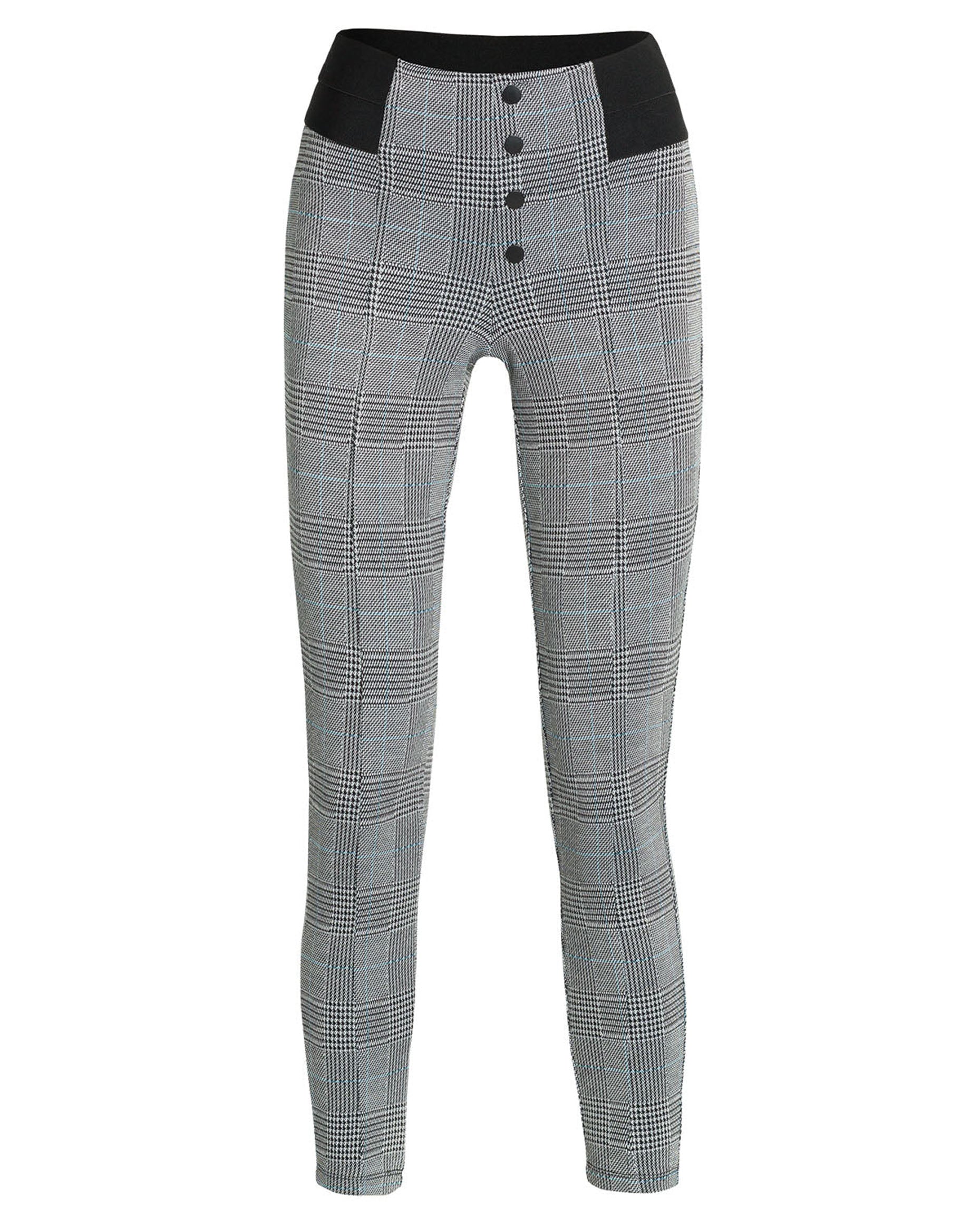 Ysabel Mora 70278 Leggings - High waisted black and white (grey) Prince of Wales tartan trouser leggings (treggings) with a thin stripe of light blue, black faux button closures and deep elasticated slimming waist band.
