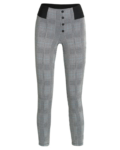 Ysabel Mora 70278 Leggings - High waisted black and white (grey) Prince of Wales tartan trouser leggings (treggings) with a thin stripe of light blue, black faux button closures and deep elasticated slimming waist band.
