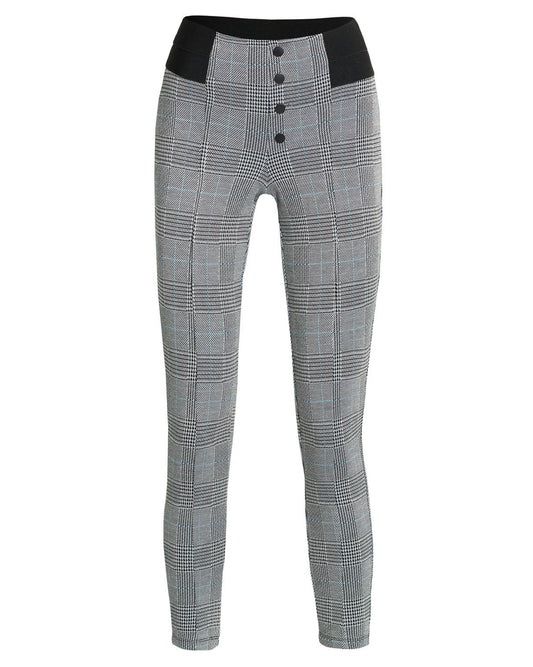 Ysabel Mora 70278 Leggings - High waisted black and white (grey) Prince of Wales tartan trouser leggings (treggings) with a thin stripe of light blue, black faux button closures and deep elasticated slimming waist band.
