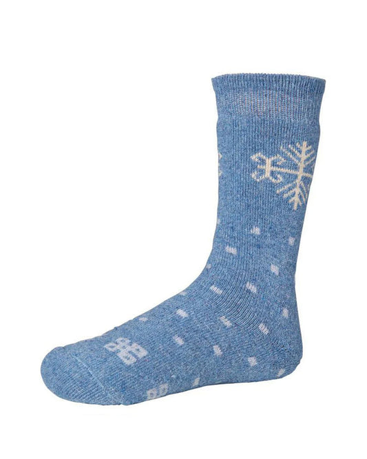 Ysabel Mora 12720 Snowflake Sock - Warm and cozy thick knitted blue socks with a touch of wool and angora, with a snowflake motif and all over dotted square pattern.
