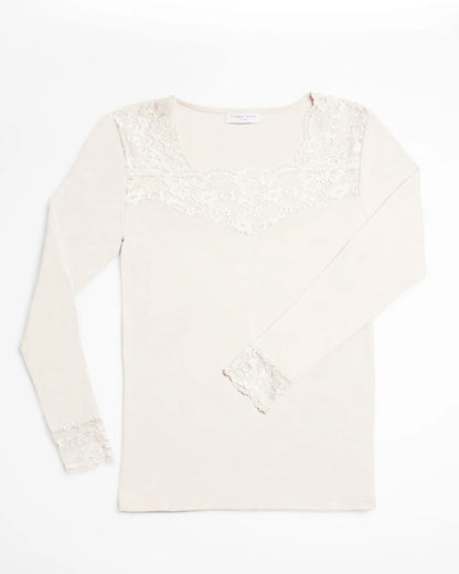 Ysabel Mora 70005 Thermal Lace Top - Cream soft and warm fleece lined long sleeved vest with floral lace trim and cuffs.