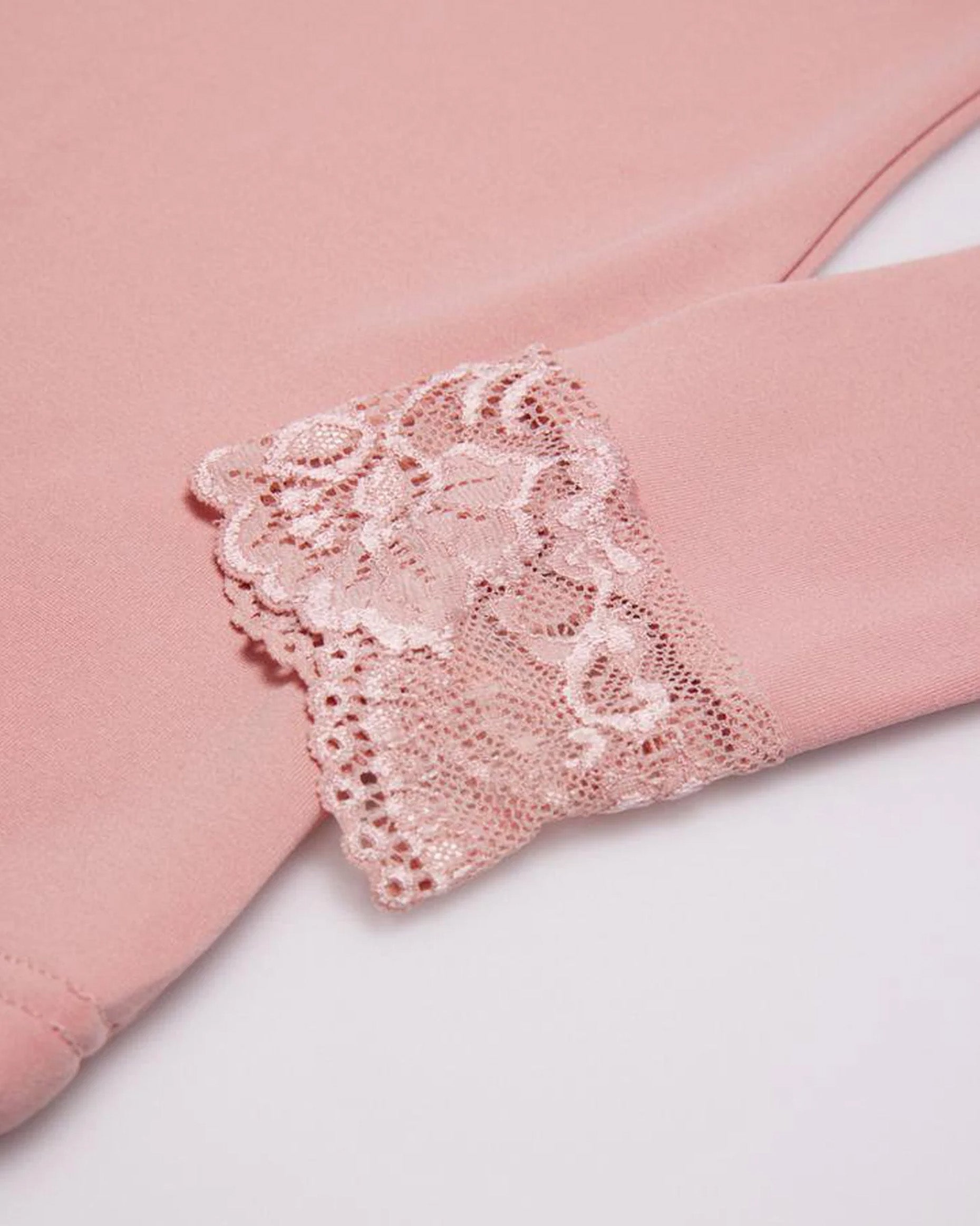 Ysabel Mora 70005 Thermal Lace Top - Pale pink soft and warm fleece lined long sleeved vest with floral lace trim and cuffs.