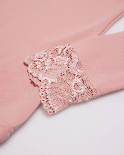 Ysabel Mora 70005 Thermal Lace Top - Pale pink soft and warm fleece lined long sleeved vest with floral lace trim and cuffs.