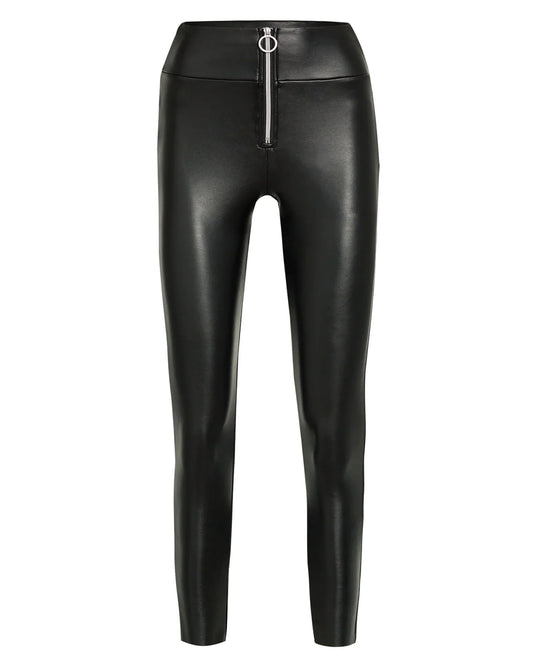Ysabel Mora 70281 Leggings - Black high waisted faux leather fleece lined trouser leggings with zip closure, ring pull, deep waist band with darts at the back to ensure a snug fit.