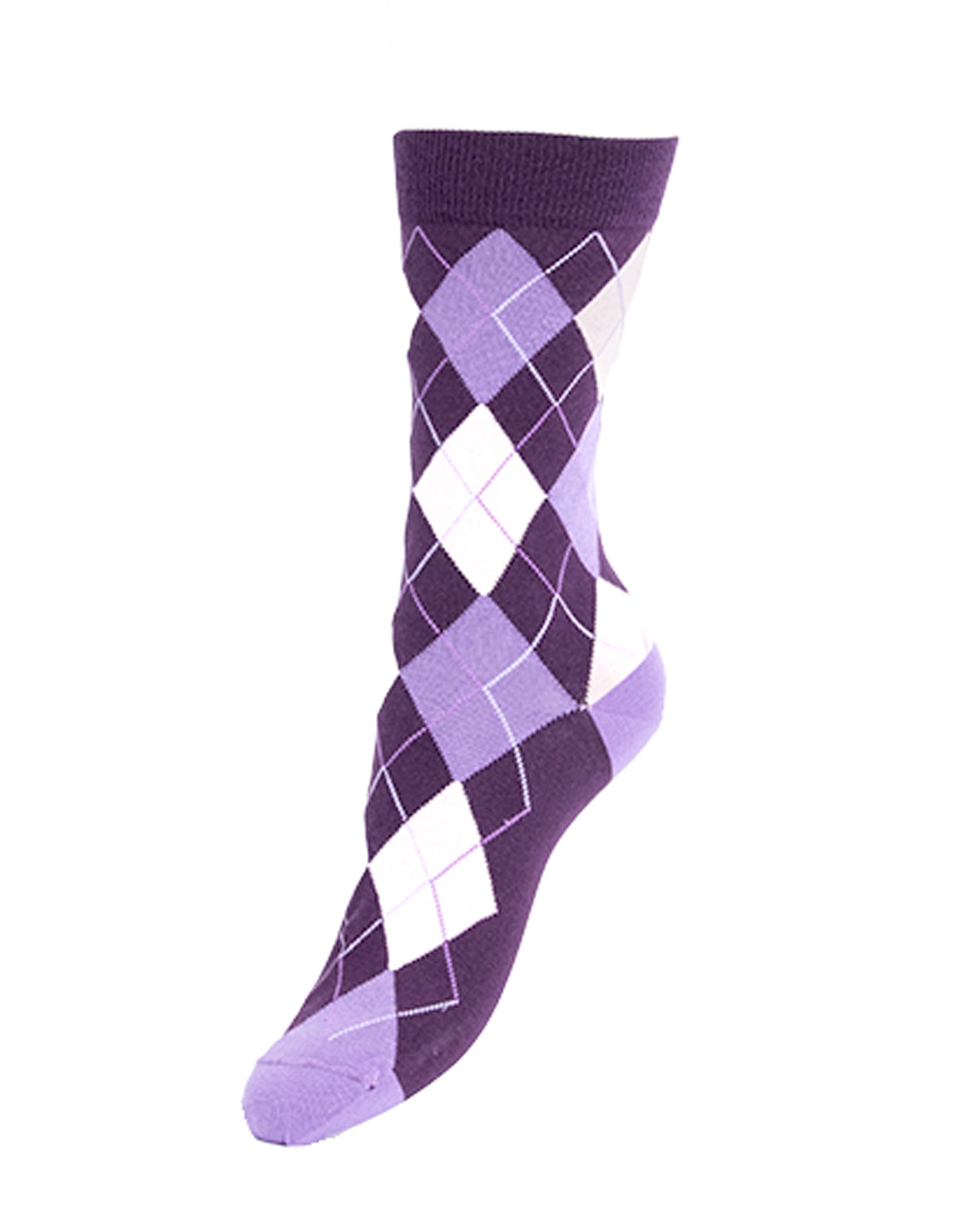 A single crew sock with an argyle pattern in purple, lavender, and white, shown on a plain white background.