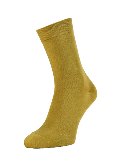 A single pistacchio yellow crew sock shown in a side profile on a solid white background.
