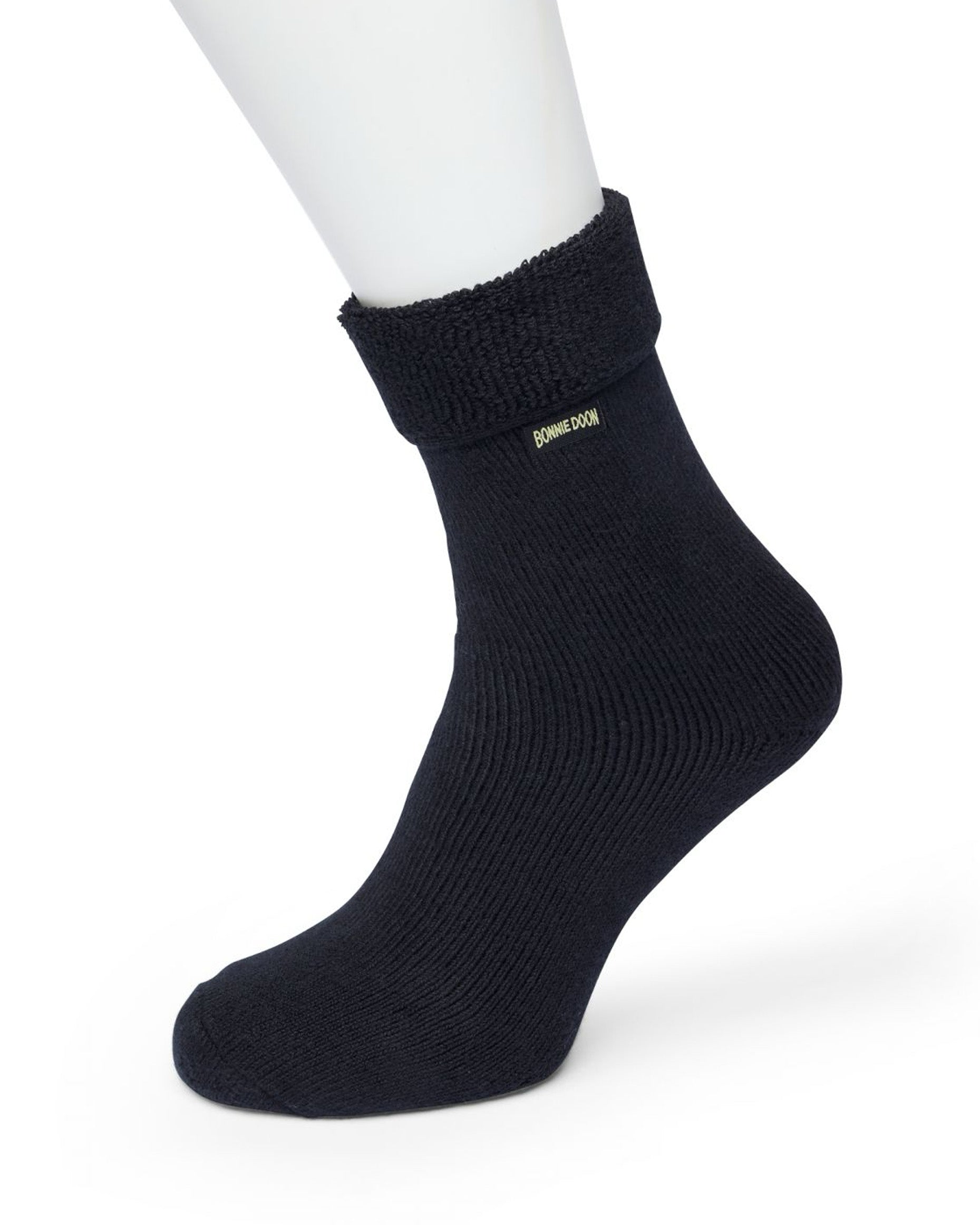 Bonnie Doon BP211123 Cushion Roll Down Sock - Black thick and warm cotton ankle socks with a turn down cuff and flat toe seam.