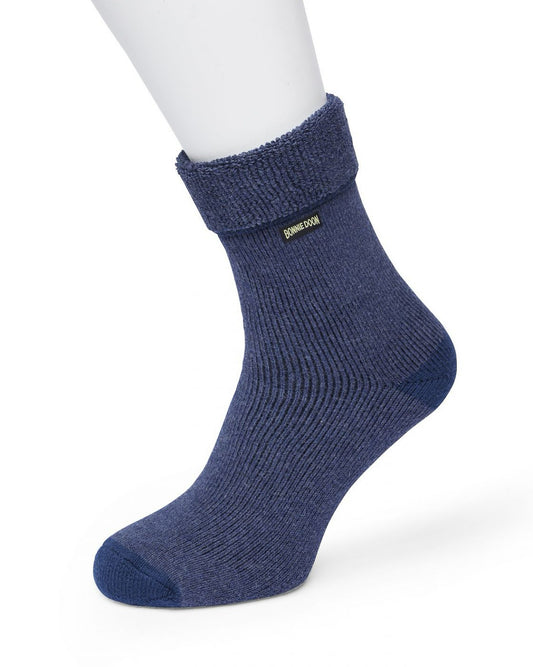 Bonnie Doon BP211123 Cushion Roll Down Sock - Dark blue thick and warm cotton ankle socks with a turn down cuff and flat toe seam.