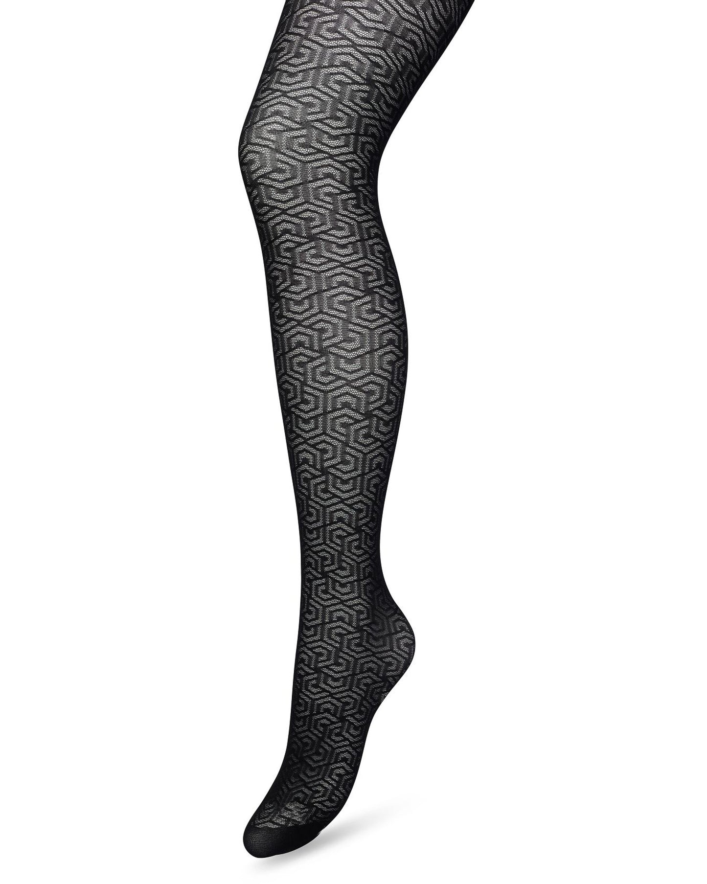 Bonnie Doon BP221911 Eclectic Graphic Tights - Semi-sheer black fashion tights with a woven opaque linear geometric style pattern, flat seams, deep waist and gusset.