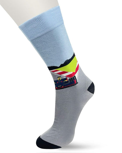 Bonnie Doon Formula Racing Sock - Men's cotton crew length sock with racing car and track scene theme perfect for the formula 1 motor sport fan in your life. Side view.