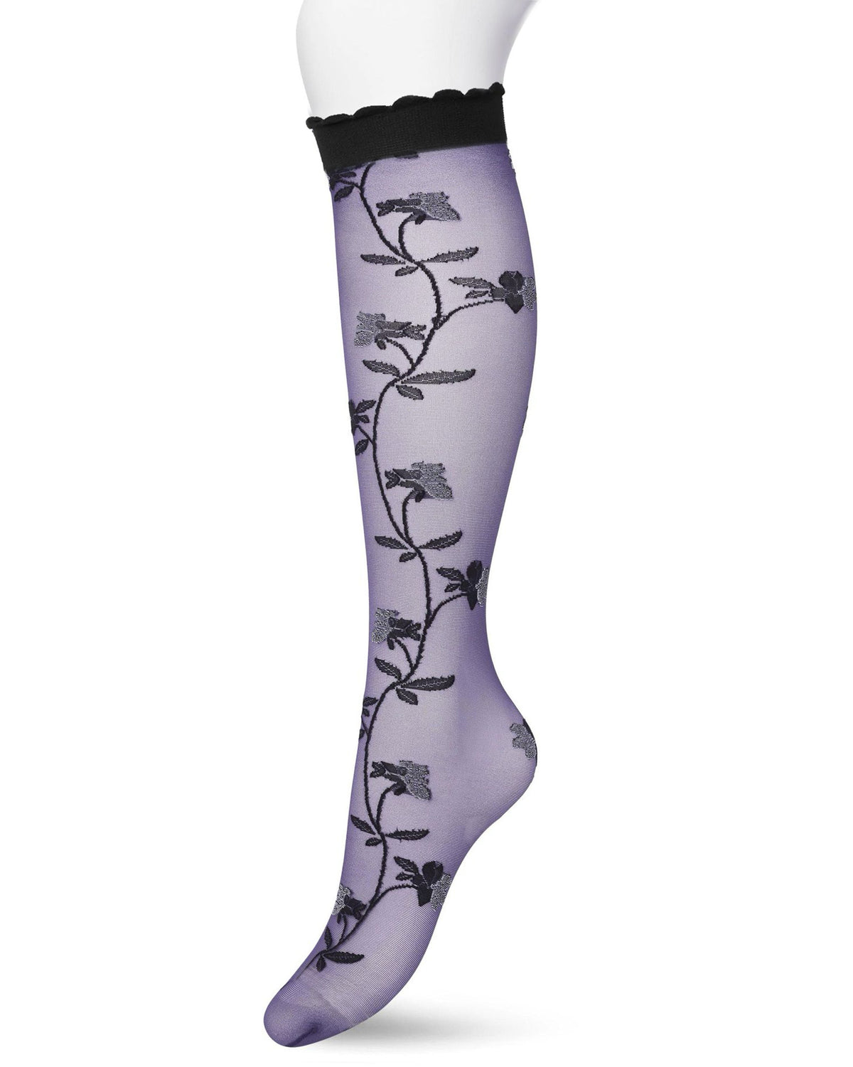 A single purple sheer knee-high sock with a black floral vine pattern and a black scalloped cuff, shown on a white mannequin leg against a white background.